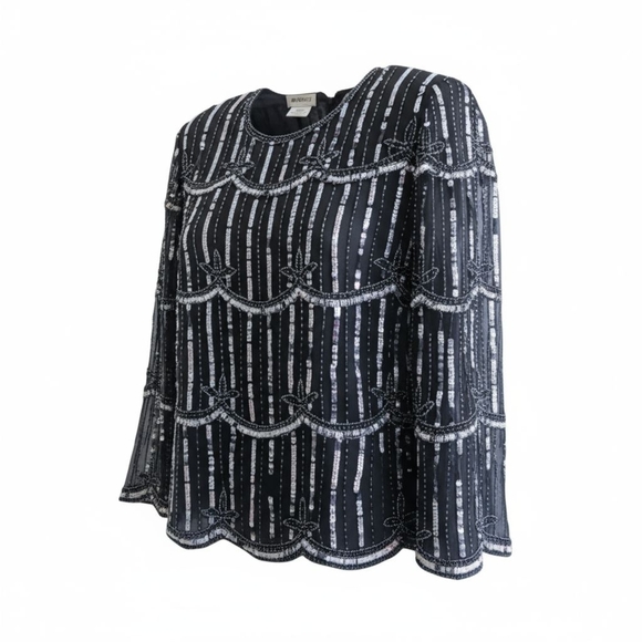 Ste'nay 90s Vintage Black Silk Hand-Beaded Sequin Blouse Evening Party Top L - Picture 5 of 8